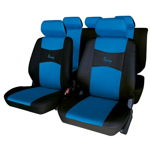 Juego de fundas para asientos de automóvil, modelo Imola, de talla única y fabricadas en poliester de color negro con respaldos y reposacabezas en azul ERMA.