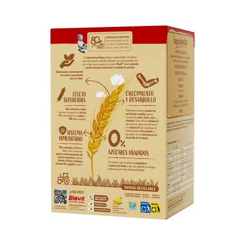 BLEVIT Superfibra Papilla de 8 cereales sin azúcares añadidos, a partir de 5 meses 500 g.