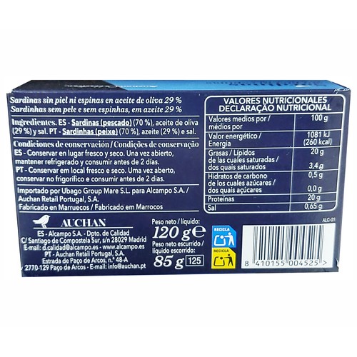 PRODUCTO ALCAMPO Collection Sardinas sin piel ni espinas 85 gr. Producto alcampo