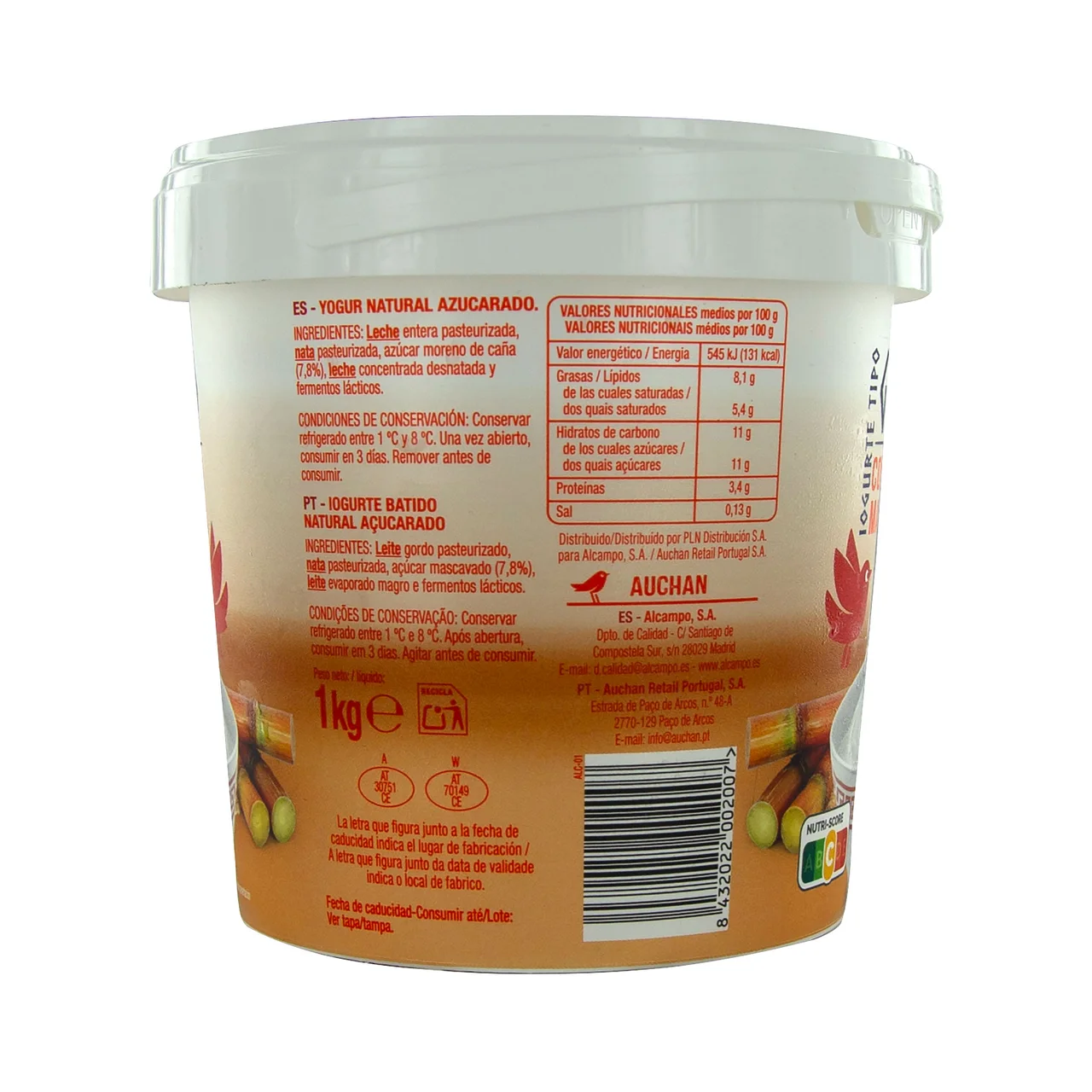 AUCHAN Yogur griego natural con azúcar moreno de caña 1 kg. Producto Alcampo