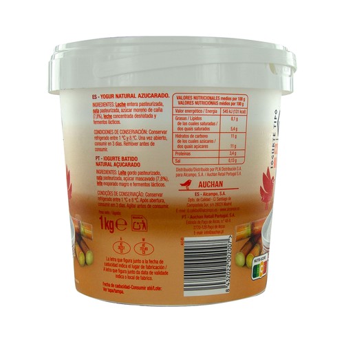 AUCHAN Yogur griego natural con azúcar moreno de caña 1 kg. Producto Alcampo