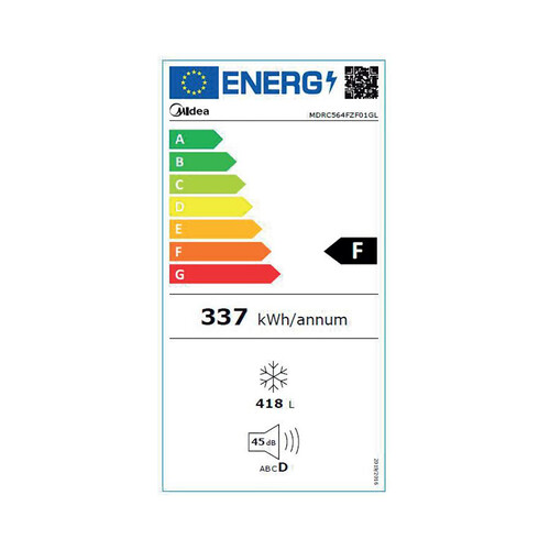 Arcón congelador MIDEA MDRC564FZF01, clasificación energética: F, H:85cm, A: 141,6cm, F: 75cm, capacidad total: 418L.