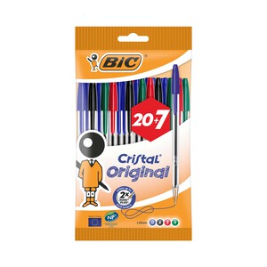 Imagen de Lote de 27 bolígrafos con capucha de forma triangular, punta mediana y grosor de escritura de 1 milímetro, con tinta de colores, azul, negro, rojo y verde BIC Cristal.