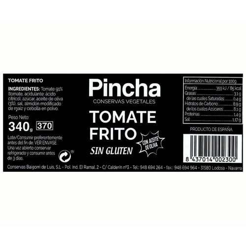 PINCHA Tomate frito receta casera 340 g.