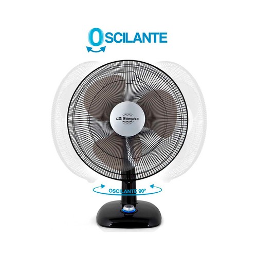 Ventilador de sobremesa oscilante 40cm OBREGOZO TF 0144, potencia 50W, 3 velocidades de ventilación, color negro y plateado.