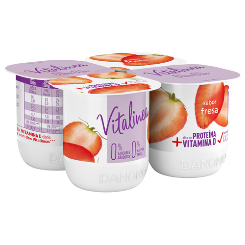 VITALINEA Yogur desnatado 0% materia grasa, con sabor a fresa de Danone 4 x 120 g.