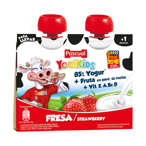 PASCUAL Yogur pasteurizado de fresa para llevar PASCUAL Yokids 2 x 80 g.