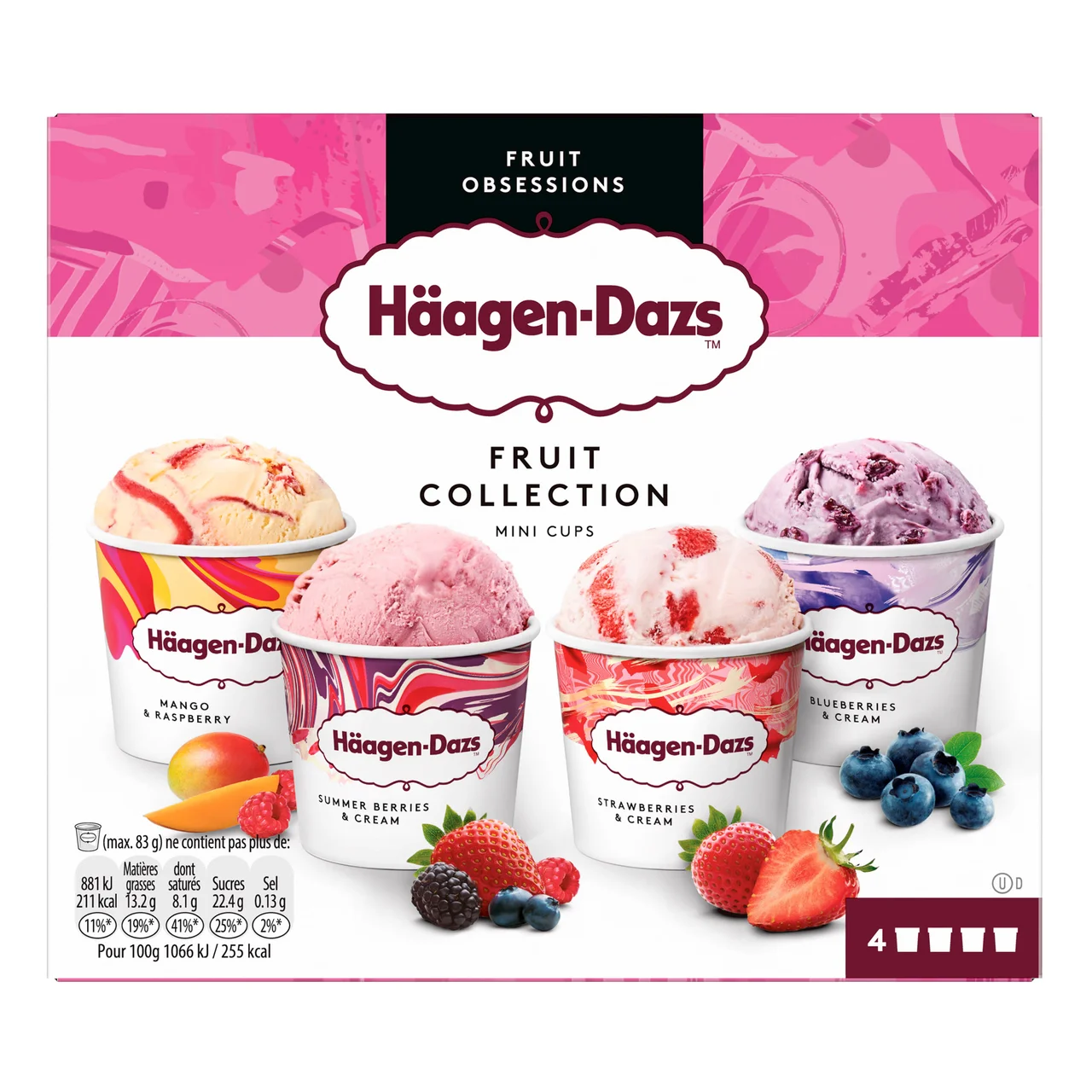 Tarrinas de helado de frutas (mango, fresa, frambuesa y arándano) 4 x 95 ml.