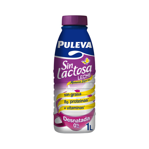 PULEVA Leche desnatada (0% materia grasa) de vaca, sin lactosa  Mañanas ligeras 1 l.