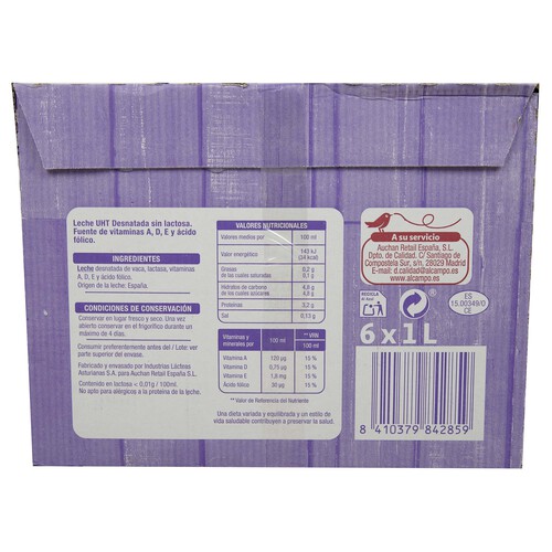 PRODUCTO ALCAMPO Leche desnatada de vaca, sin lactosa PRODUCTO ALCAMPO 6 x 1l.