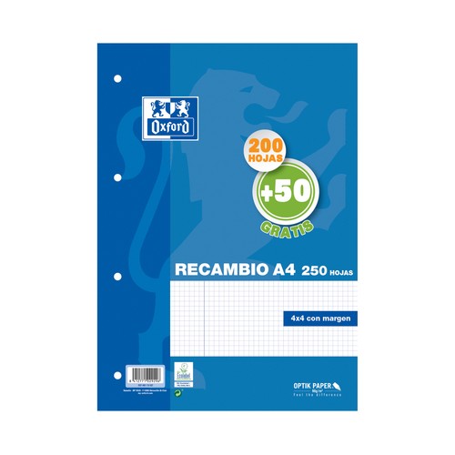 OXFORD SCHOOL CLASSIC A4 Recambio paquete 4x4 con margen 200 Hojas + 50 Hojas gratis, OXFORD.