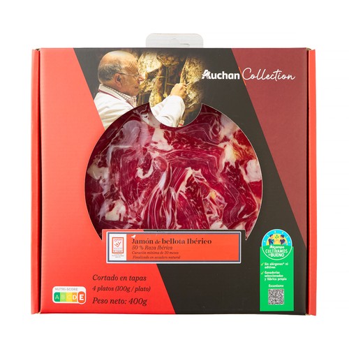 Estuche con sobres de jamón de bellota ibérico (50% raza ibérica), cortado en tapas ALCAMPO PRODUCCIÓN CONTROLADA 4 x 100 g.