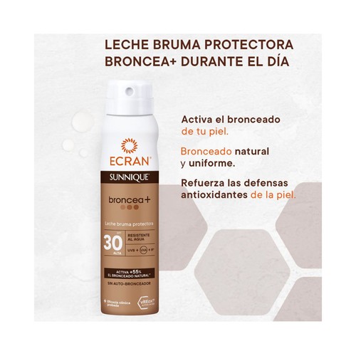 ECRAN Sunnique broncea+ Leche solar en bruma con acción protectora y FPS 30 (alto) 250 ml.