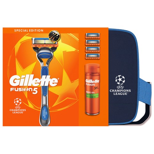GILLETE Fusion 5 Neceser con maquinilla, 4 recambios y espuma (gel) de afeitar 200 ml.