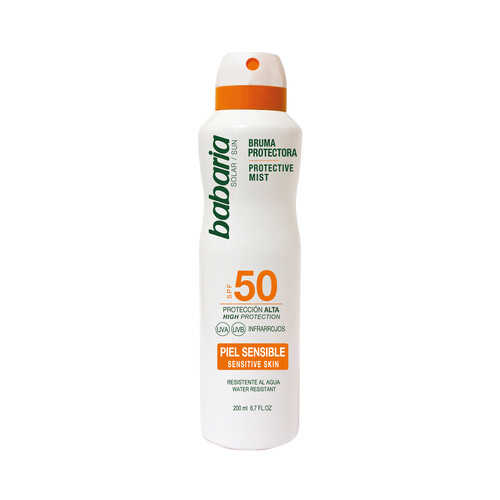 BABARIA Bruma solar en spray, con acción protectora y FPS 50 (muy alto), especial pieles sensibles 200 ml.