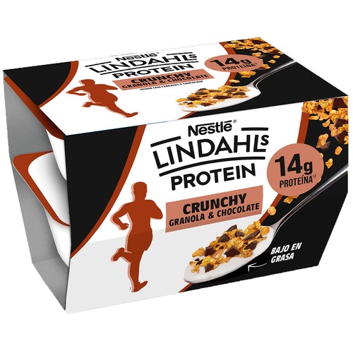 LINDAHLS Protein Yogur desnatado con cereales (granola) y chocolate, rico en proteinas 2 x 127 g.