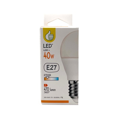 Bombilla Led E27, 4,9W=40W, luz cálida, 470lm.
