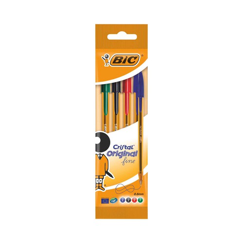 4 bolígrafos punta fina, grosor 0.8mm, tinta base de aceite de varios colores BIC Cristal fine.