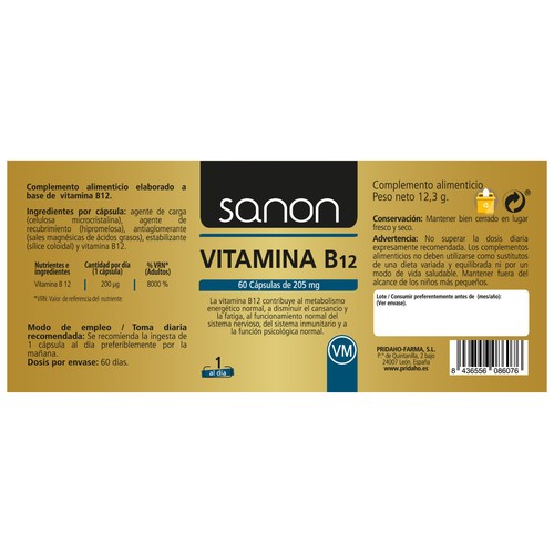 SANON Vitamina B12 (Complemento alimenticio) 60 cápsulas.