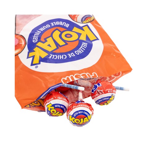FIESTA KOJAK Caramelos con palo, sabor a fresa y con chicle en su interior 7 uds.
