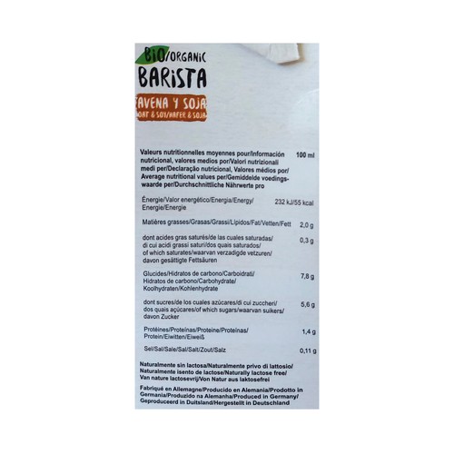 BERIEF Barista Bebida vegetal de avena ecológica especial para café 1 l.