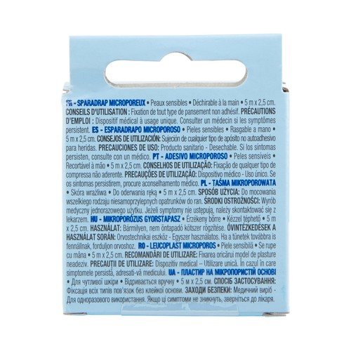 PRODUCTO ALCAMPO Esparadrapo microporoso de 5 m x 2.5 cm, ideal para pieles sensibles.