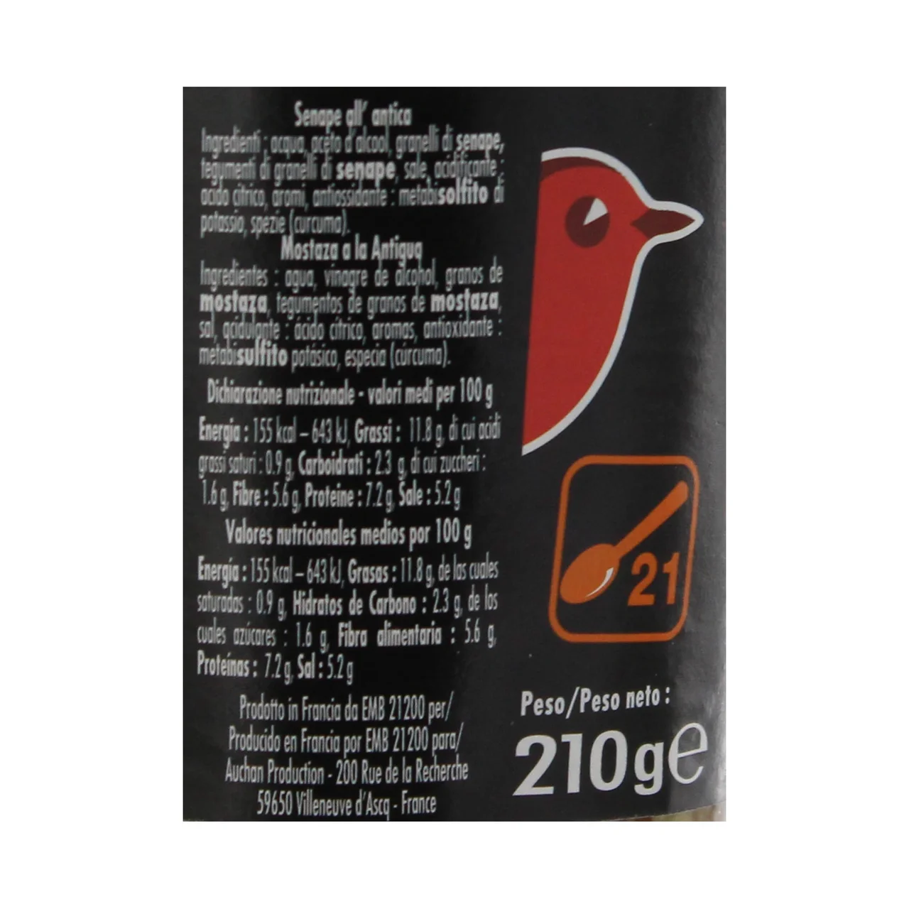 PRODUCTO ALCAMPO Mostaza de Dijon anciene frasco de 210 g.