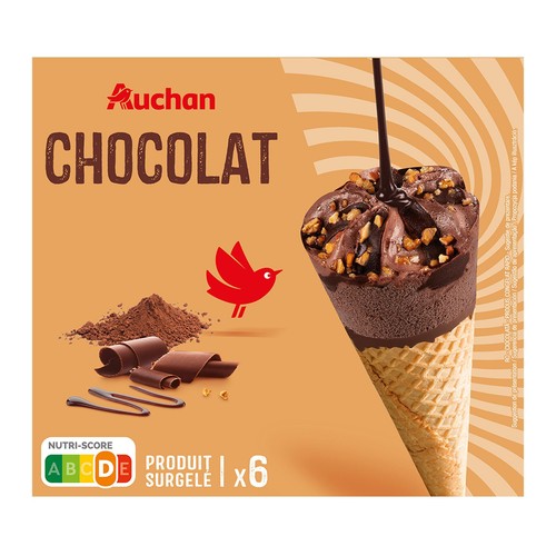 AUCHAN Conos de helado de chocolate con salsa de chocolate 6 x 120 ml. Producto Alcampo