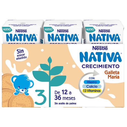 NATIVA Leche (3) de crecimiento con galleta Maria, de 12 a 36 meses NATIVA de Nestlé 3 x 180 ml.
