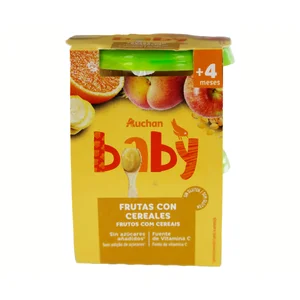 PRODUCTO ALCAMPO Baby Tarritos de fruta (manzana, melocotón, plátano y naranaja) con cereales, a partir de 4 meses 2 x 200 g.