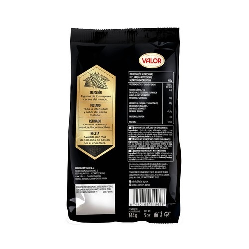 VALOR Chocolatina de chocolate 70% cacao sin azúcares añadidos 144 g.