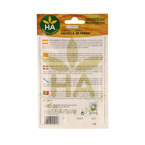 Semillas ecológicas para sembrar cebollas de la variedad amarilla de Parma HA-HUERTO Y JARDÍN 0.8 gramos.