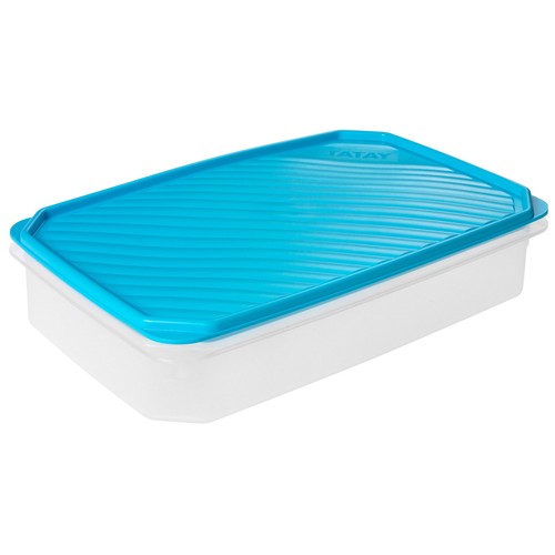 Recipiente para alimentos cuadrado de plástico transparente con tapa color azul, 2,1 litros TATAY.