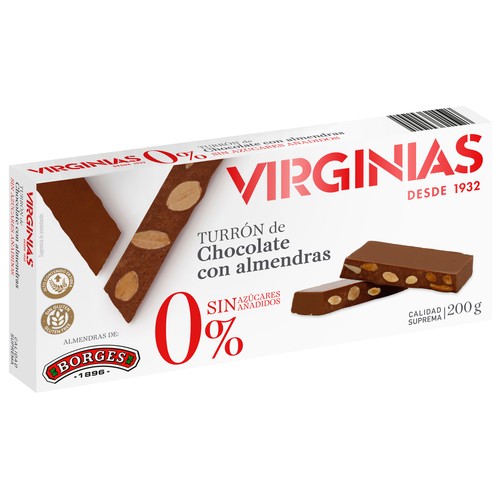 VIRGINIAS Turrón de chocolate con almendras sin azúcar 200 g.