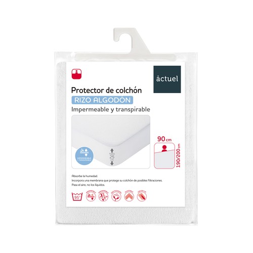 Protector colchón 90x190/200cm hasta 30cm de altura, rizo algodón, transpirable. ACTUEL