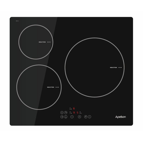 Placa inducción APELSON AIT 3602, 3 zonas de cocción, zona gigante de 28cm, potencia: 5800w, programable, control táctil, A: 56cm.