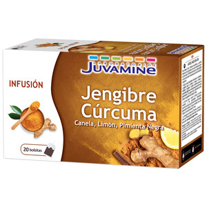 Infusión de jengibre, cúrcuma con canela, limón y pimienta negra JUVAMINE 20 X 1,5 G.