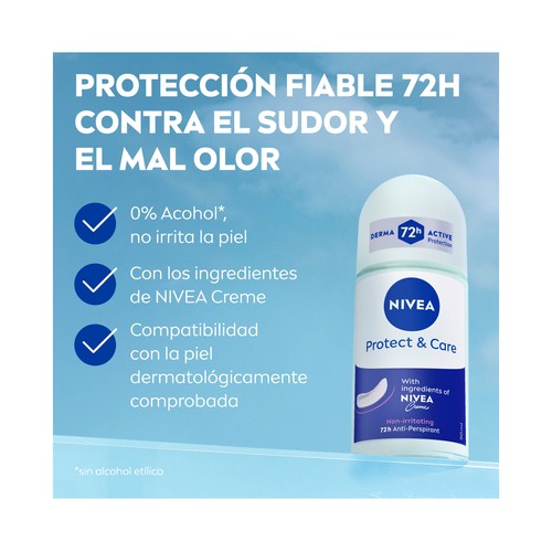 NIVEA Protege & cuida Desodorante roll on para mujer antitranspirante hasta 72 horas 50 ml.