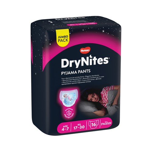 DRYNITES Pañales de noche talla 7 (braguitas absorbentes), para niñas de 17 a 30 kilogramos y de 4 a 7 años DRYNITES Pijama pants 16 uds.