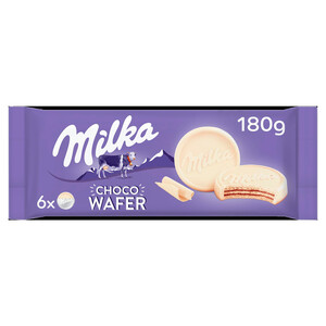 Imagen de MILKA Chocowafer galletas barquillo rellenas de cacao y cubiertas de chocolate blanco de los Alpes paquete 180 g.