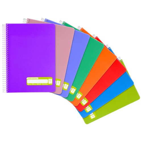 Cuaderno tamaño A5 con cubiertas de PP en colores surtidos y espiral plástica, interior de 80 hojas de 90 gr con cuadricula de 3mm, GRAFOPLAS.