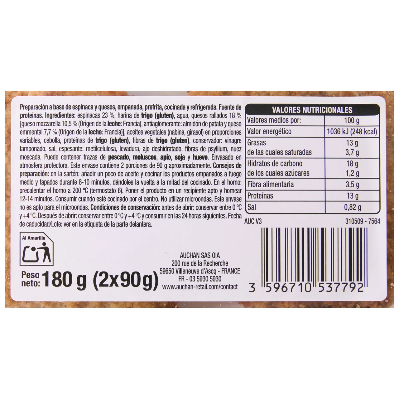 AUCHAN Very Veggie Delicias vegetales empanadas de espinacas y queso 180 g Producto Alcampo.
