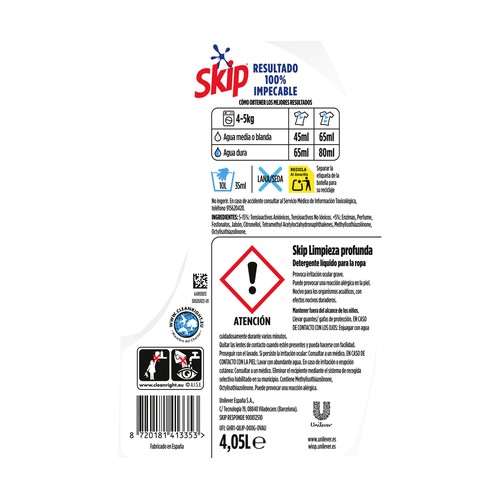 SKIP Active clean Detergente líquido con resultados impecables incluso en agua fría 45 ds.