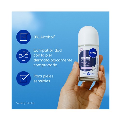 NIVEA Derma control restore Desodorante roll on para mujer, antitranspirante hasta 72 horas 50 ml.