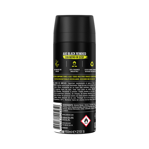 AXE Black remixed Desodorante en spray para hombre con tecnología Zicn antiolor 150 ml.