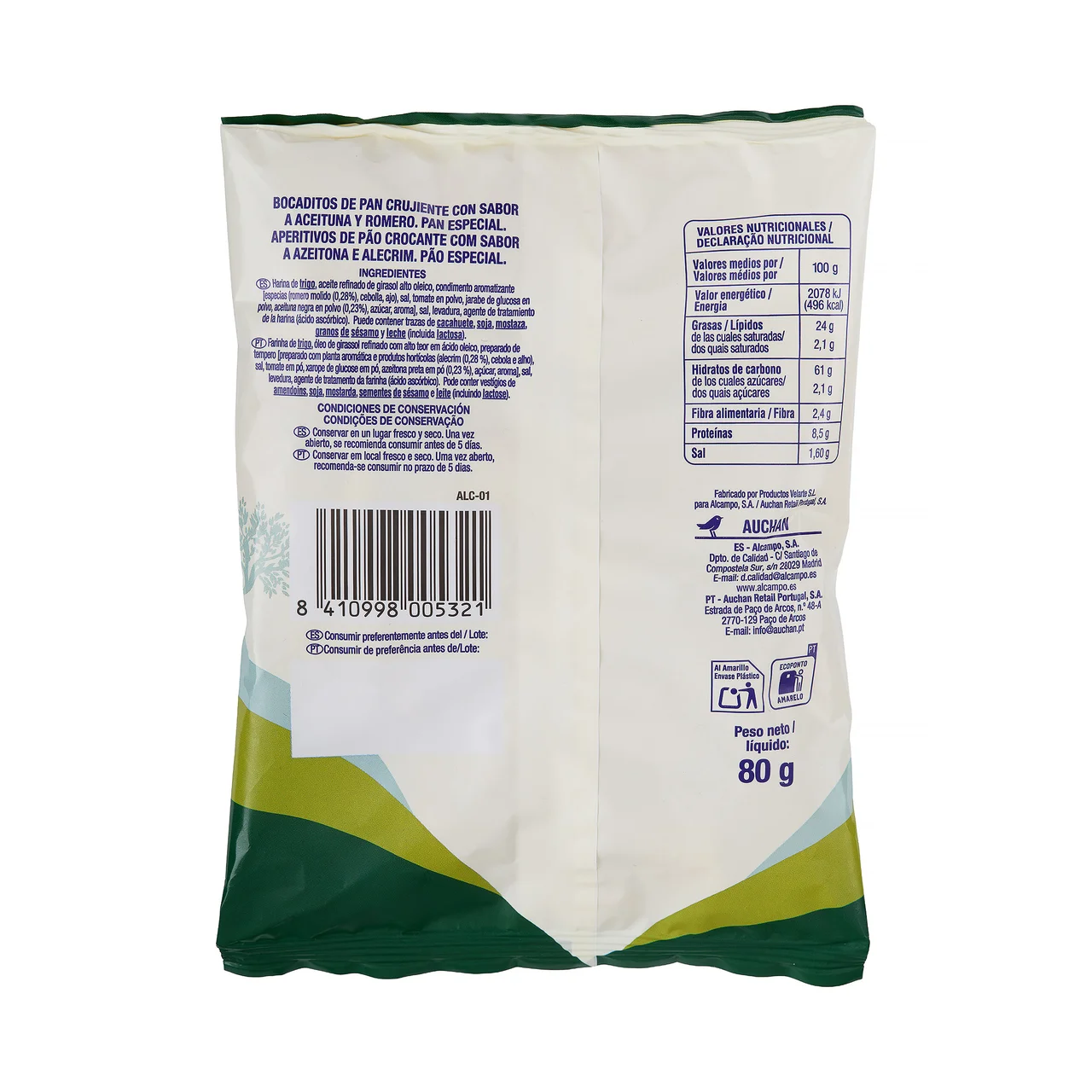 PRODUCTO ALCAMPO Snack pan de aceituna y romero 80 g.