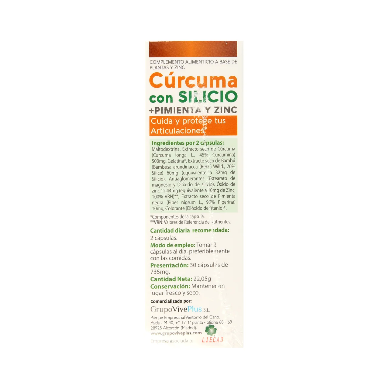 VIVE+ SALUD Y VIDA Cúrcuma con silicio VIVE + SALUD Y BELLEZA 30 cps.
