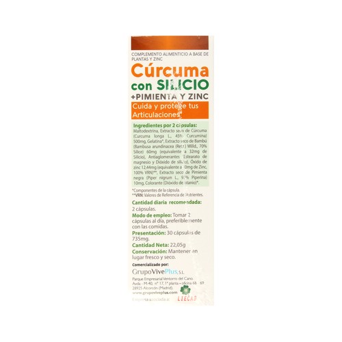 VIVE+ SALUD Y VIDA Cúrcuma con silicio VIVE + SALUD Y BELLEZA 30 cps.
