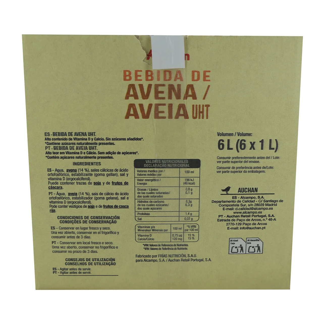 AUCHAN Bebida de avena con alto contenido de calcio y vitamina D 6 x 1 l. Producto Alcampo
