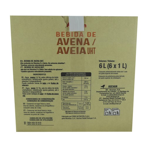 AUCHAN Bebida de avena con alto contenido de calcio y vitamina D 6 x 1 l. Producto Alcampo
